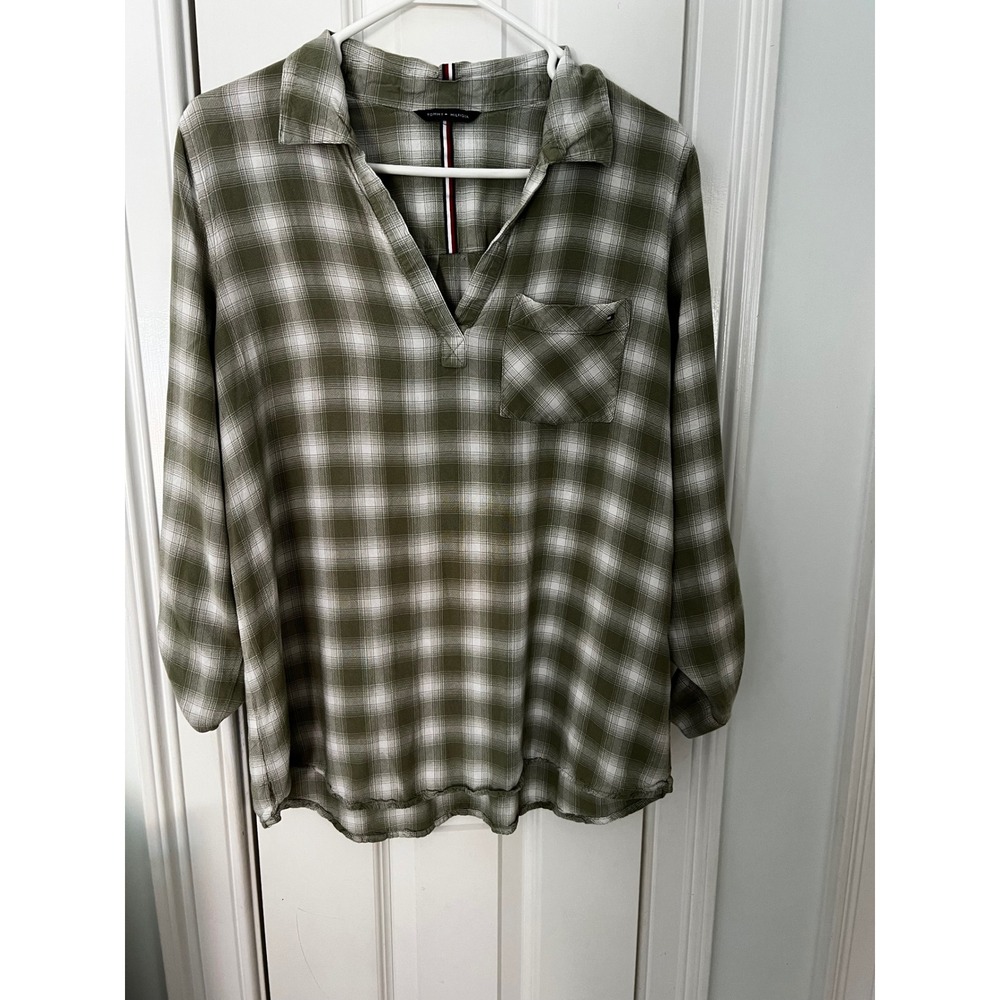 Tommy Hilfiger Olive Green Plaid Roll Tab Sleeve V-Neck Blouse Large 76J1864